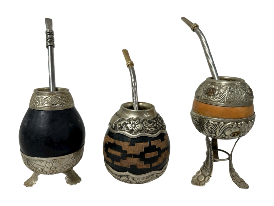 (3) Vintage Yerba Mate Gourds With Bombilla Straw From Argentina