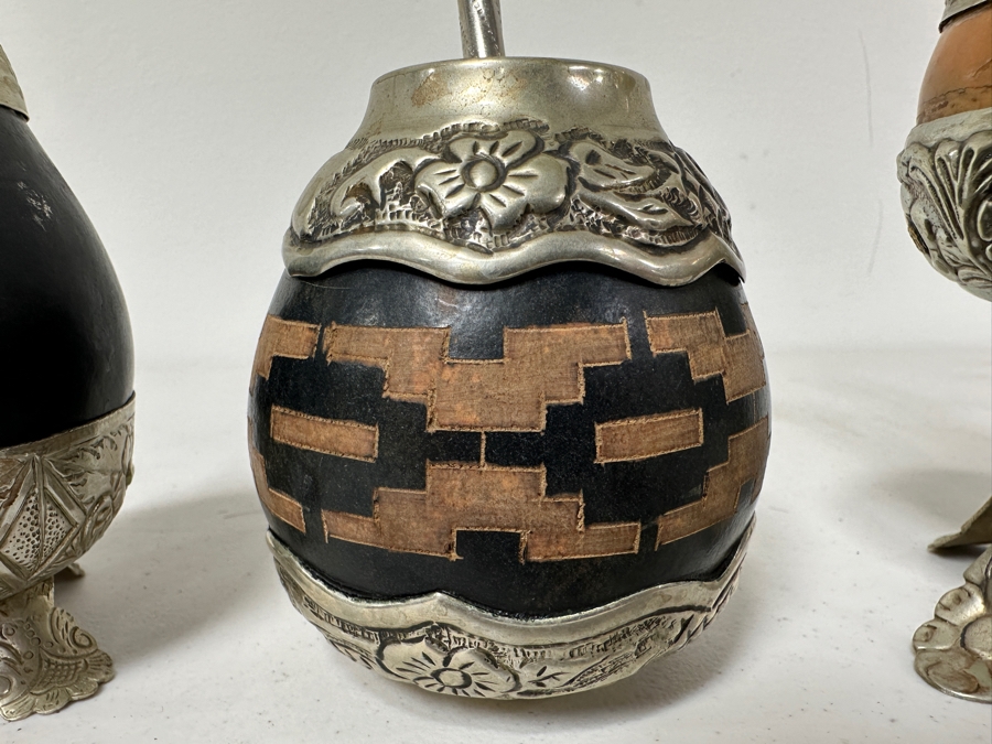 (3) Vintage Yerba Mate Gourds With Bombilla Straw From Argentina [Photo 2]