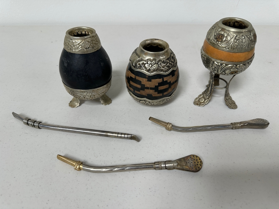 (3) Vintage Yerba Mate Gourds With Bombilla Straw From Argentina [Photo 7]