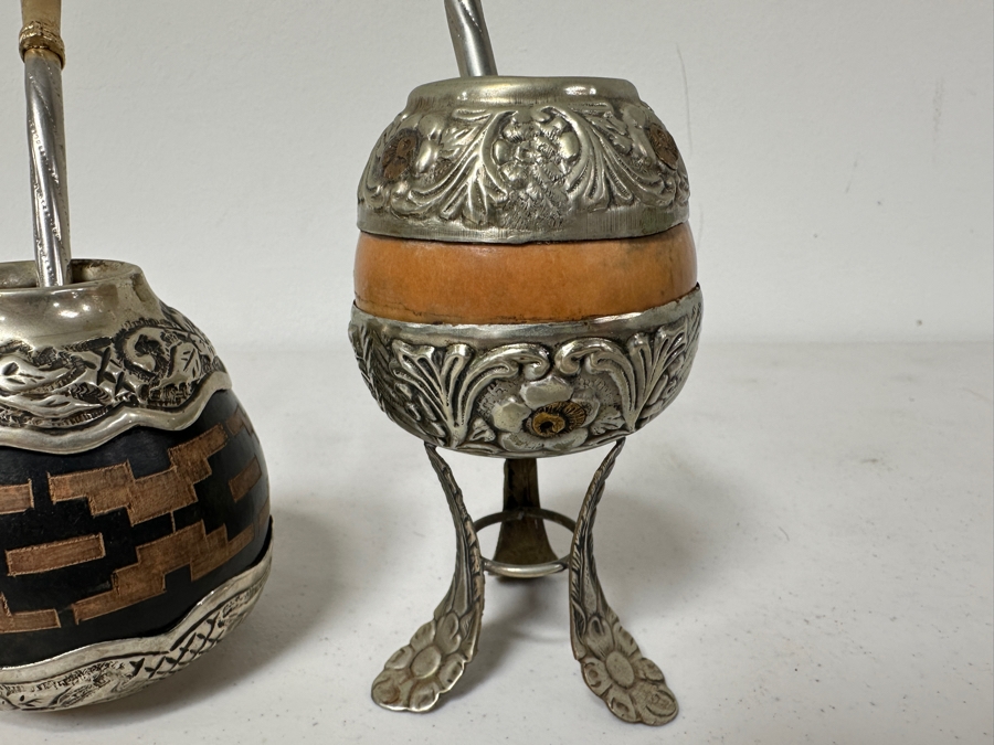 (3) Vintage Yerba Mate Gourds With Bombilla Straw From Argentina [Photo 3]