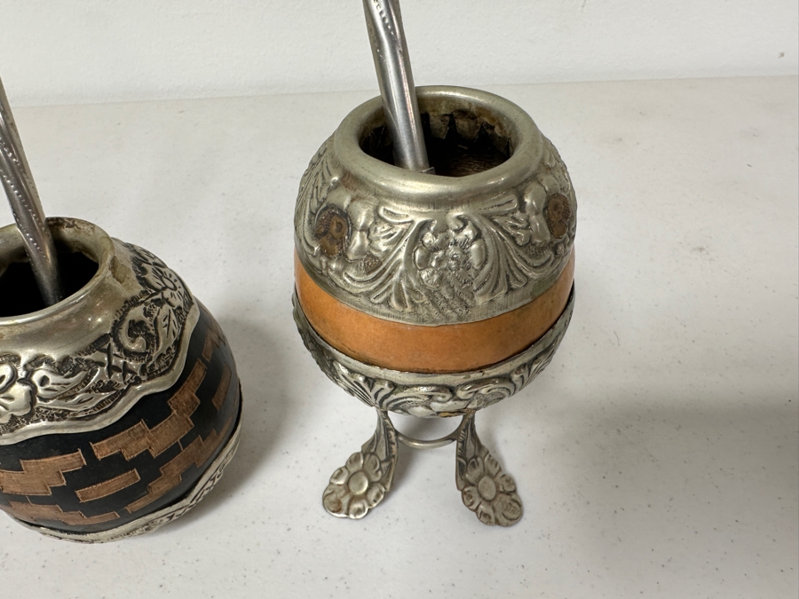 (3) Vintage Yerba Mate Gourds With Bombilla Straw From Argentina [Photo 4]