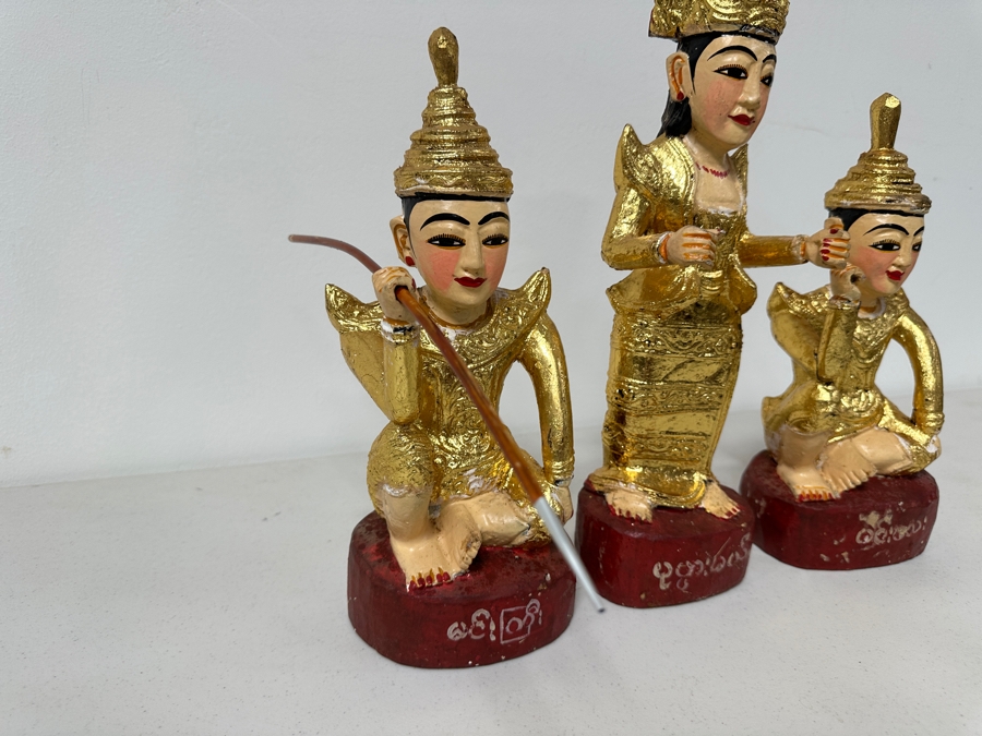Set Of Three Hand Painted Carved Wooden Burmese Nat Statues 11.5H To 14H [Photo 7]