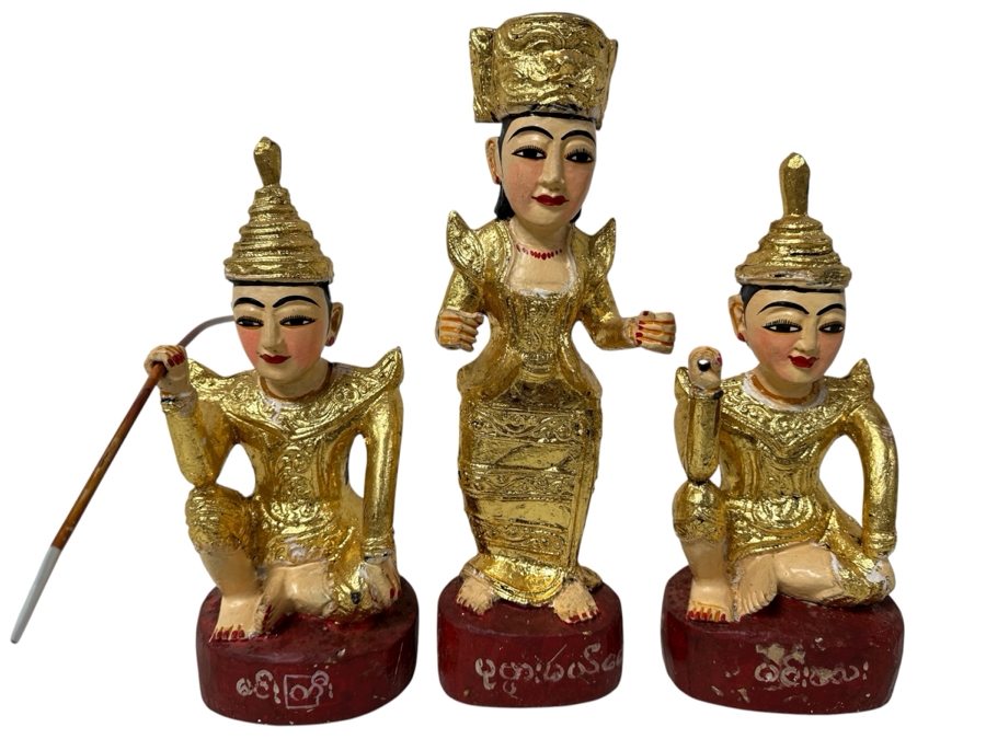 Set Of Three Hand Painted Carved Wooden Burmese Nat Statues 11.5H To 14H