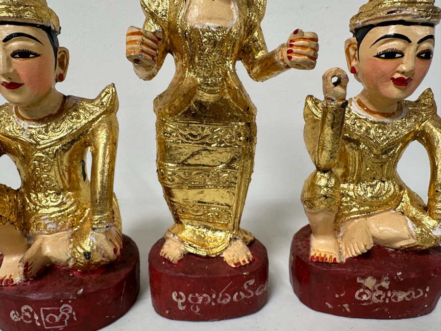 Set Of Three Hand Painted Carved Wooden Burmese Nat Statues 11.5H To 14H [Photo 3]