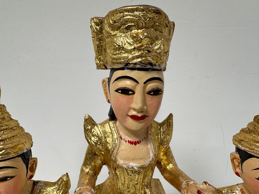 Set Of Three Hand Painted Carved Wooden Burmese Nat Statues 11.5H To 14H [Photo 2]