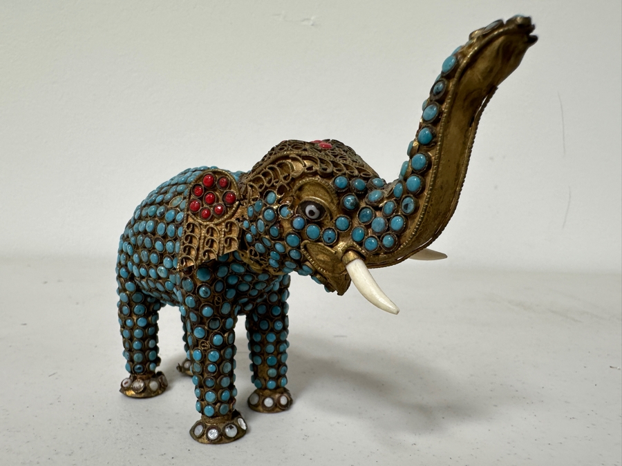 Old Nepalese Tibetan Brass Filigree Elephant With Inlaid Turquoise And Coral 4H [Photo 3]