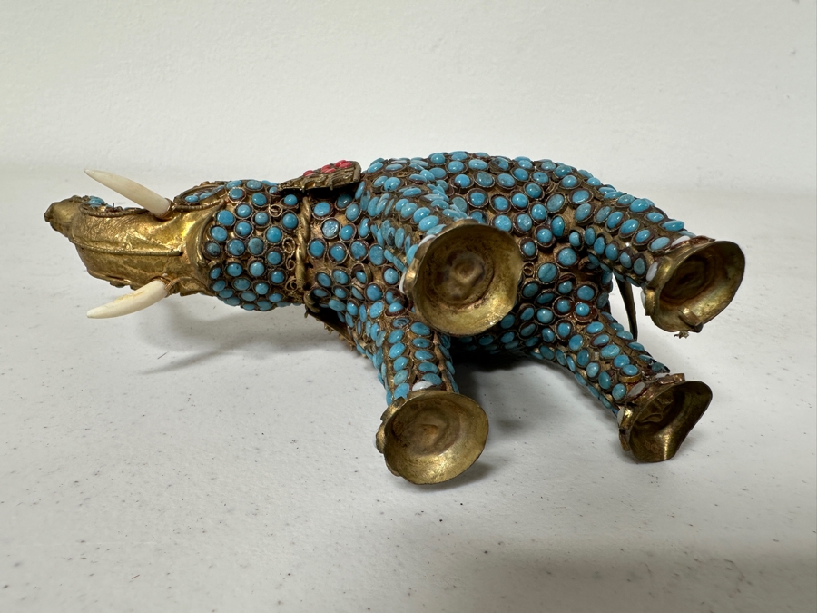 Old Nepalese Tibetan Brass Filigree Elephant With Inlaid Turquoise And Coral 4H [Photo 6]