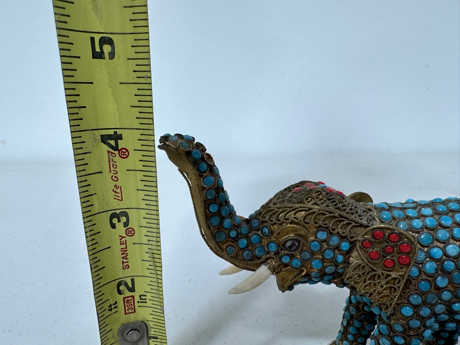 Old Nepalese Tibetan Brass Filigree Elephant With Inlaid Turquoise And Coral 4H [Photo 7]
