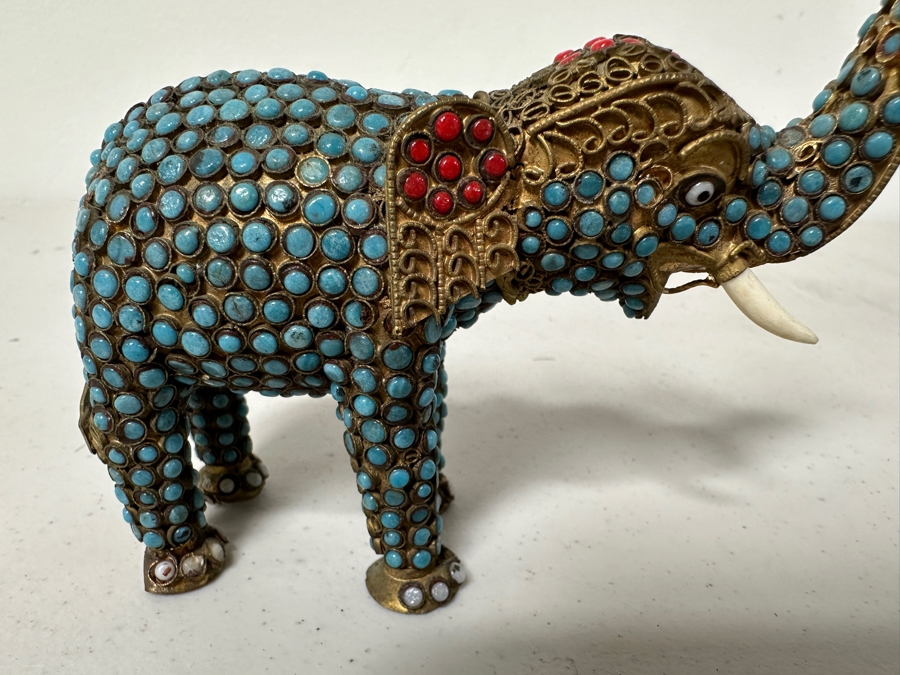 Old Nepalese Tibetan Brass Filigree Elephant With Inlaid Turquoise And Coral 4H [Photo 2]