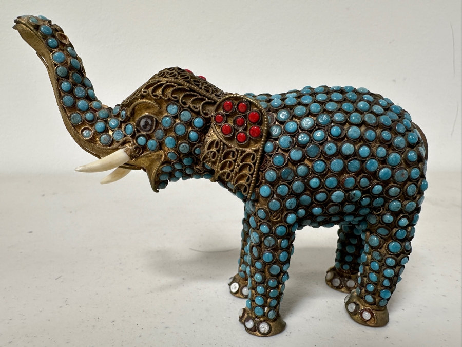 Old Nepalese Tibetan Brass Filigree Elephant With Inlaid Turquoise And Coral 4H [Photo 5]