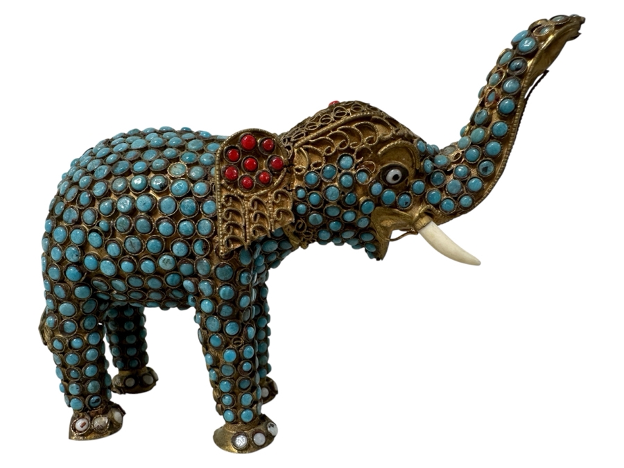 Old Nepalese Tibetan Brass Filigree Elephant With Inlaid Turquoise And Coral 4H