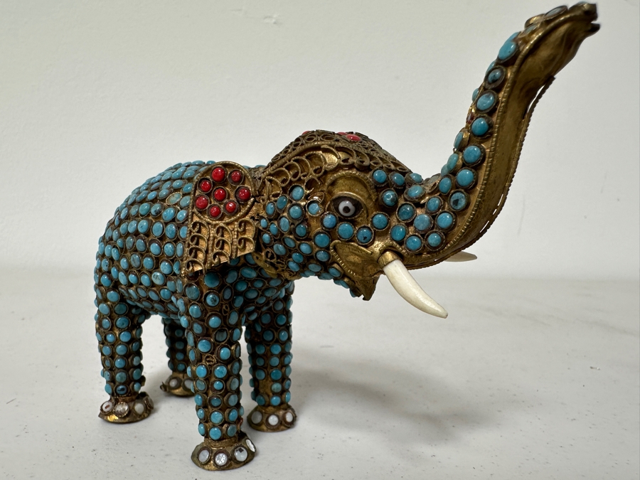 Old Nepalese Tibetan Brass Filigree Elephant With Inlaid Turquoise And Coral 4H [Photo 4]
