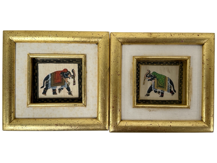 Just Added - Pair Of Original Indian Elephant Paintings Framed 6.5 X 6.5