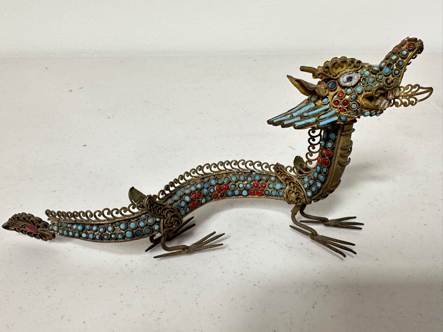 Old Nepalese Tibetan Brass Filigree Dragon With Inlaid Turquoise And Coral 8W [Photo 3]