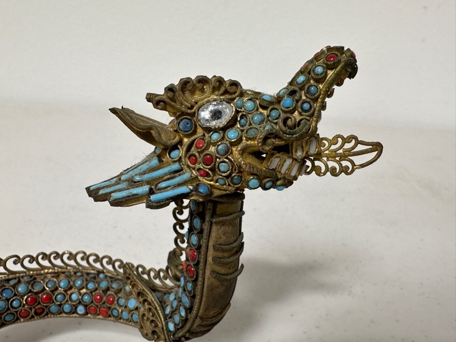 Old Nepalese Tibetan Brass Filigree Dragon With Inlaid Turquoise And Coral 8W [Photo 4]