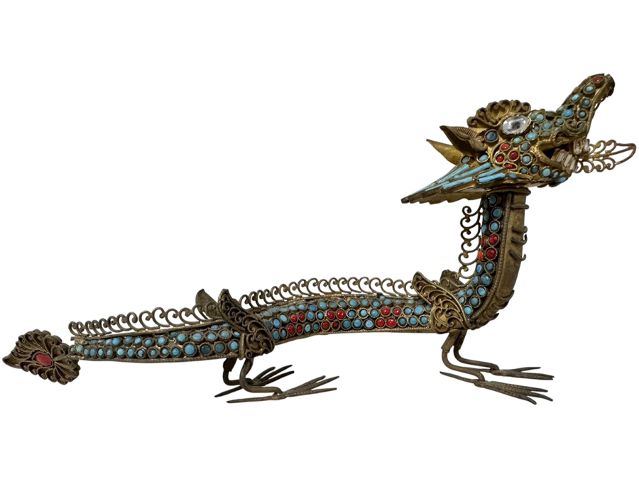 Old Nepalese Tibetan Brass Filigree Dragon With Inlaid Turquoise And Coral 8W