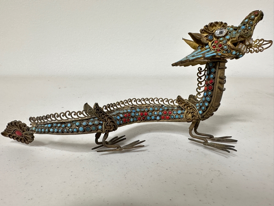 Old Nepalese Tibetan Brass Filigree Dragon With Inlaid Turquoise And Coral 8W [Photo 2]