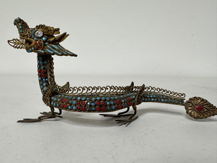 Old Nepalese Tibetan Brass Filigree Dragon With Inlaid Turquoise And Coral 8W [Photo 6]