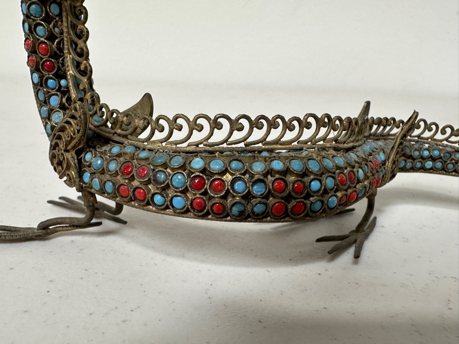 Old Nepalese Tibetan Brass Filigree Dragon With Inlaid Turquoise And Coral 8W [Photo 7]