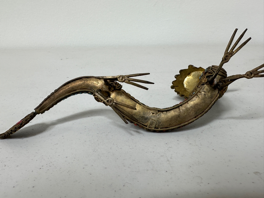 Old Nepalese Tibetan Brass Filigree Dragon With Inlaid Turquoise And Coral 8W [Photo 9]