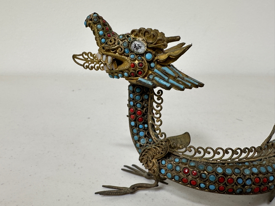 Old Nepalese Tibetan Brass Filigree Dragon With Inlaid Turquoise And Coral 8W [Photo 8]