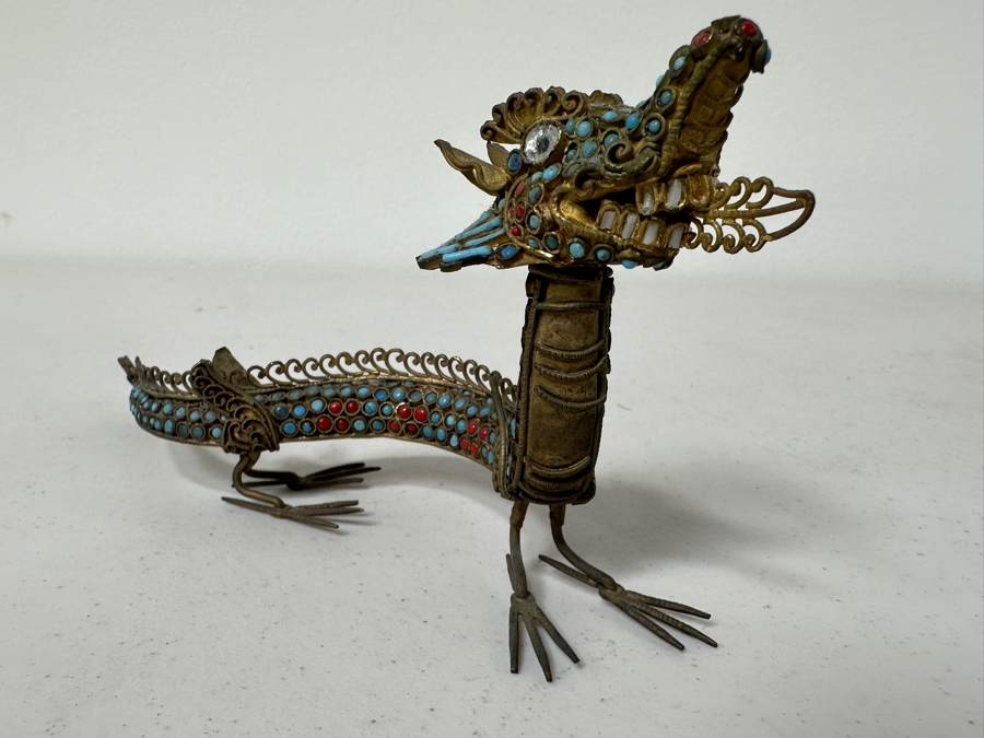 Old Nepalese Tibetan Brass Filigree Dragon With Inlaid Turquoise And Coral 8W [Photo 5]