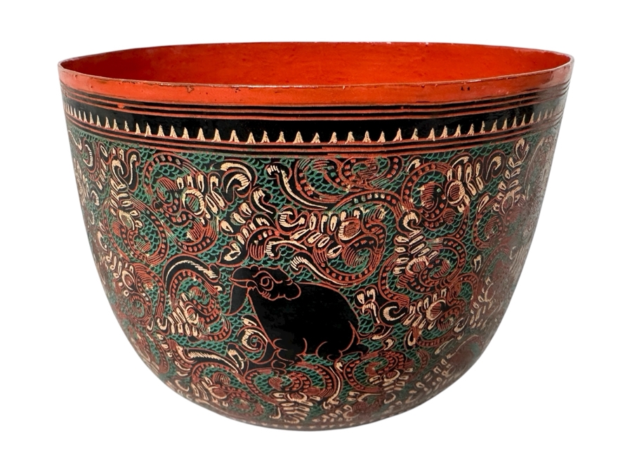 Just Added - Burmese Lacquerware Bowl Featuring Elephants 4W X 2.75H