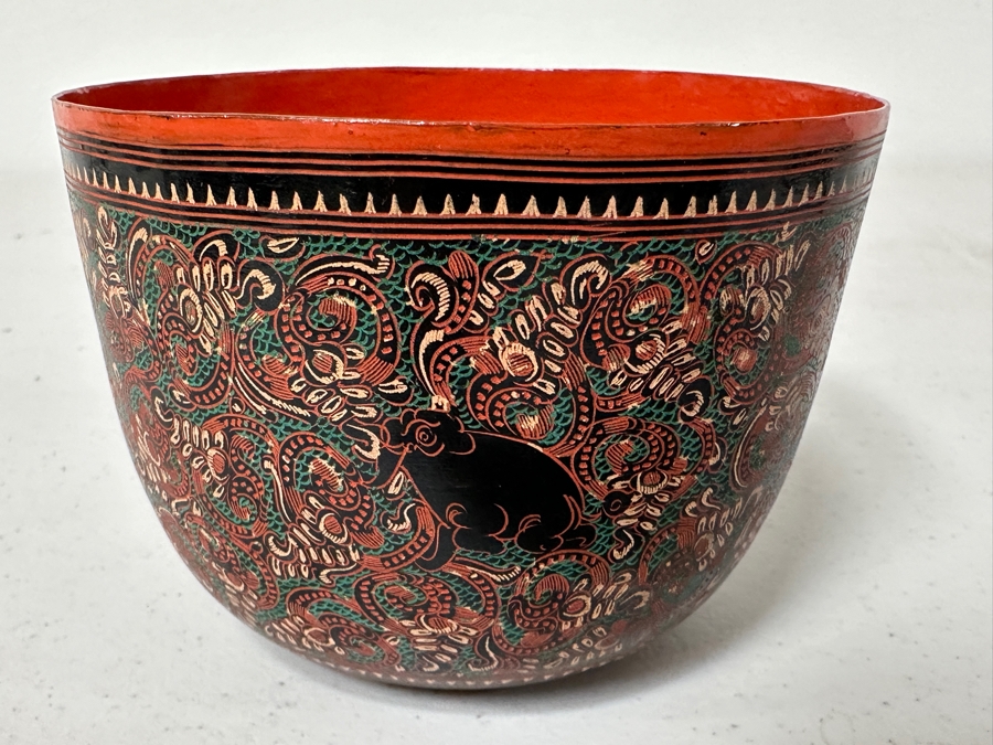 Just Added - Burmese Lacquerware Bowl Featuring Elephants 4W X 2.75H [Photo 6]