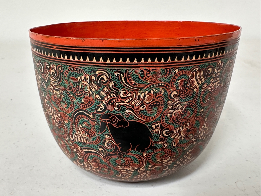 Just Added - Burmese Lacquerware Bowl Featuring Elephants 4W X 2.75H [Photo 4]