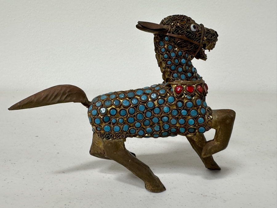 Old Nepalese Tibetan Brass Filigree Horse With Inlaid Turquoise And Coral 5.5W X 4H [Photo 3]