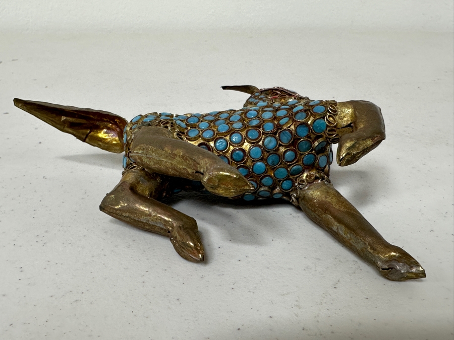 Old Nepalese Tibetan Brass Filigree Horse With Inlaid Turquoise And Coral 5.5W X 4H [Photo 5]