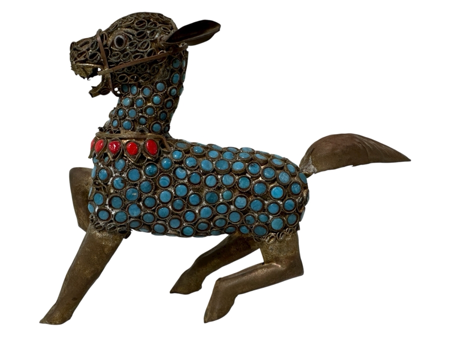 Old Nepalese Tibetan Brass Filigree Horse With Inlaid Turquoise And Coral 5.5W X 4H
