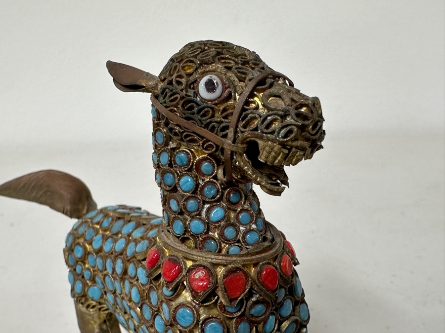 Old Nepalese Tibetan Brass Filigree Horse With Inlaid Turquoise And Coral 5.5W X 4H [Photo 4]