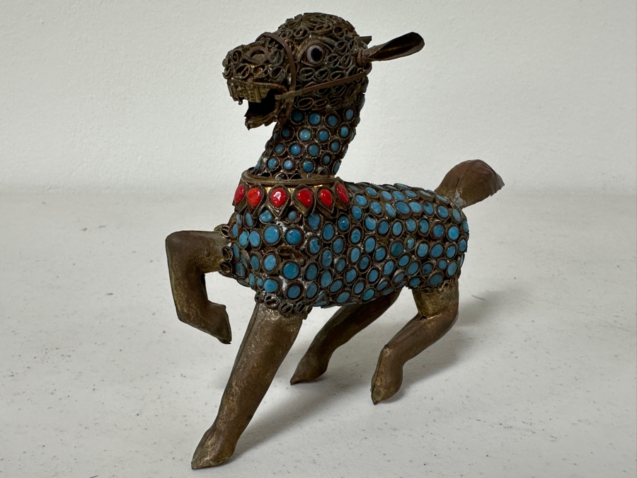 Old Nepalese Tibetan Brass Filigree Horse With Inlaid Turquoise And Coral 5.5W X 4H [Photo 2]
