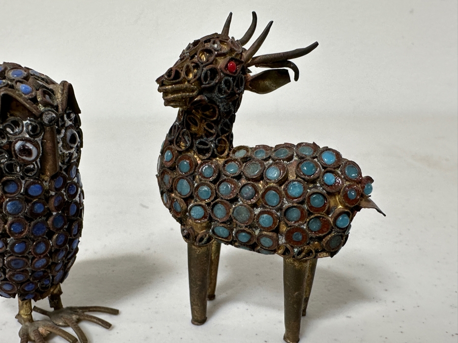 Old Nepalese Tibetan Brass Filigree Small Owl And Deer With Inlaid Turquoise And Coral 2.5H [Photo 4]