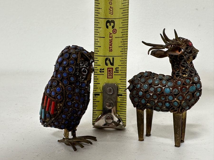 Old Nepalese Tibetan Brass Filigree Small Owl And Deer With Inlaid Turquoise And Coral 2.5H [Photo 7]