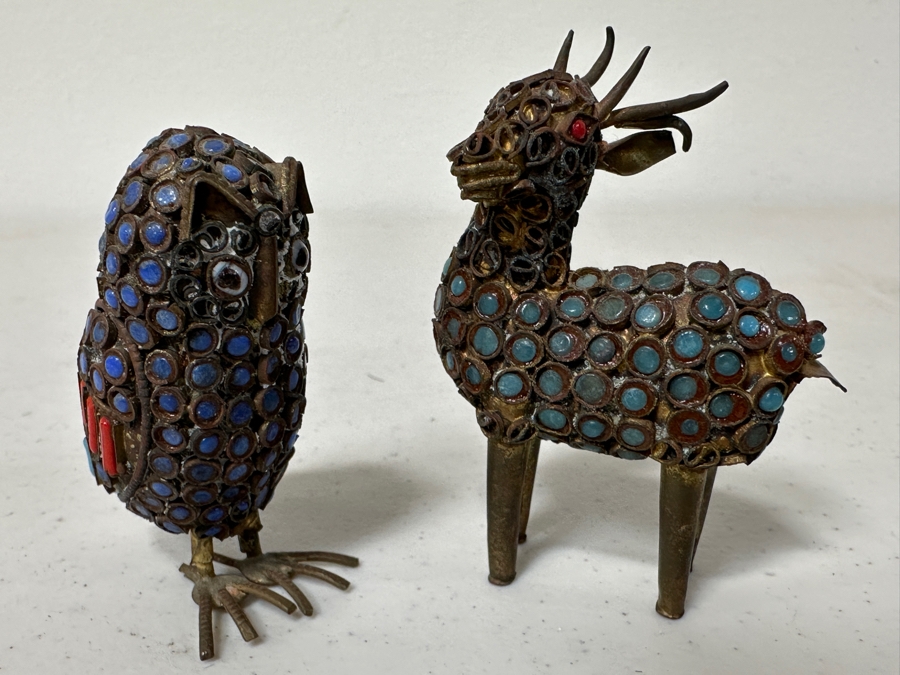 Old Nepalese Tibetan Brass Filigree Small Owl And Deer With Inlaid Turquoise And Coral 2.5H [Photo 2]