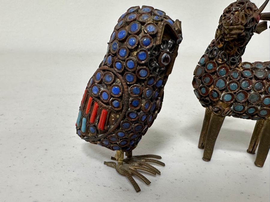 Old Nepalese Tibetan Brass Filigree Small Owl And Deer With Inlaid Turquoise And Coral 2.5H [Photo 3]