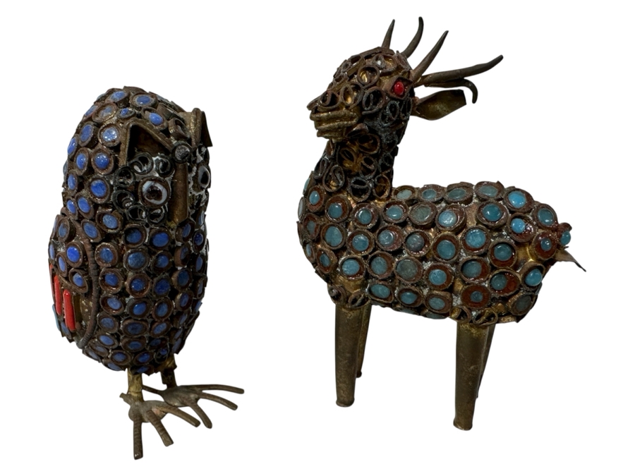 Old Nepalese Tibetan Brass Filigree Small Owl And Deer With Inlaid Turquoise And Coral 2.5H