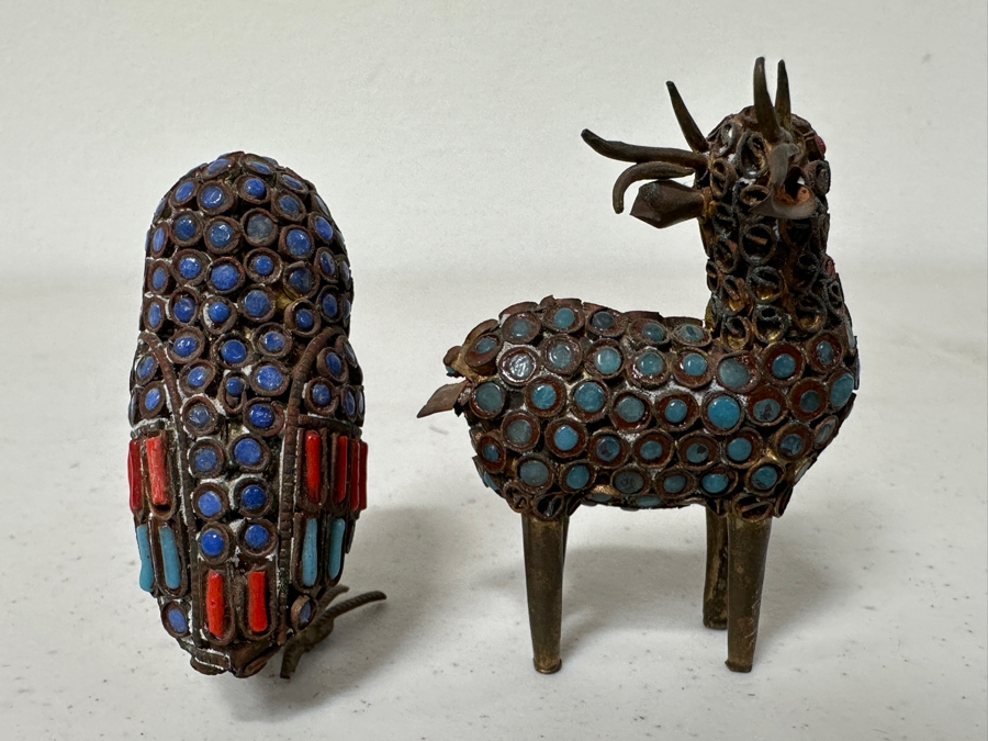 Old Nepalese Tibetan Brass Filigree Small Owl And Deer With Inlaid Turquoise And Coral 2.5H [Photo 5]