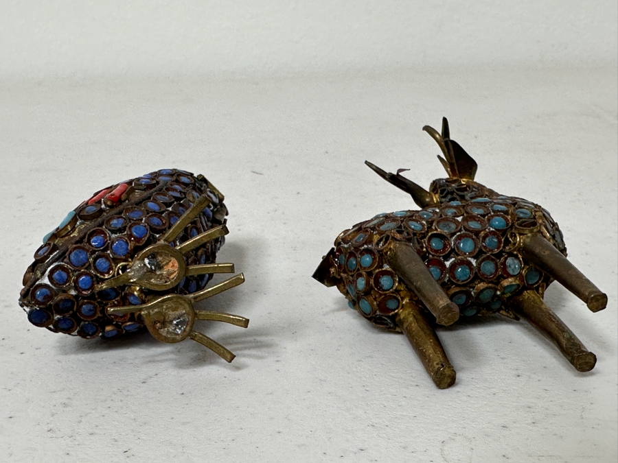 Old Nepalese Tibetan Brass Filigree Small Owl And Deer With Inlaid Turquoise And Coral 2.5H [Photo 6]