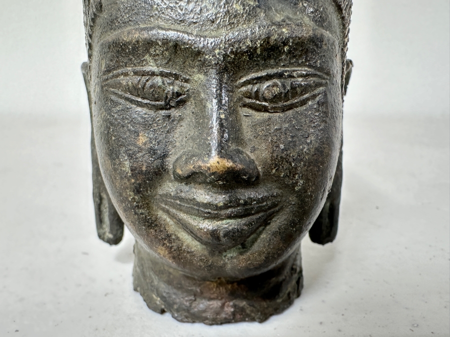 Old Bronze Buddha Head Statue 4H [Photo 3]
