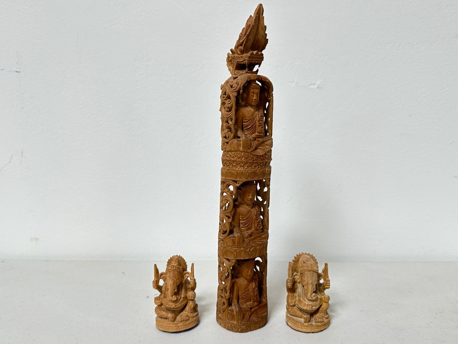Just Added - Hand Carved Wooden Buddha Statue 12H And Pair Of Hand Carved Wooden Ganesha Statues 3H [Photo 2]
