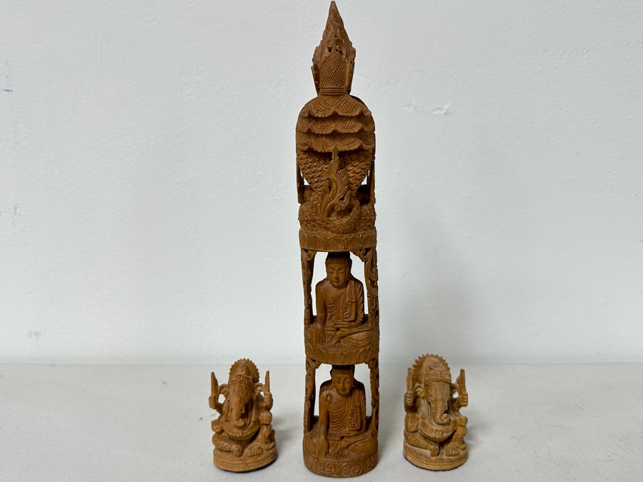 Just Added - Hand Carved Wooden Buddha Statue 12H And Pair Of Hand Carved Wooden Ganesha Statues 3H [Photo 8]