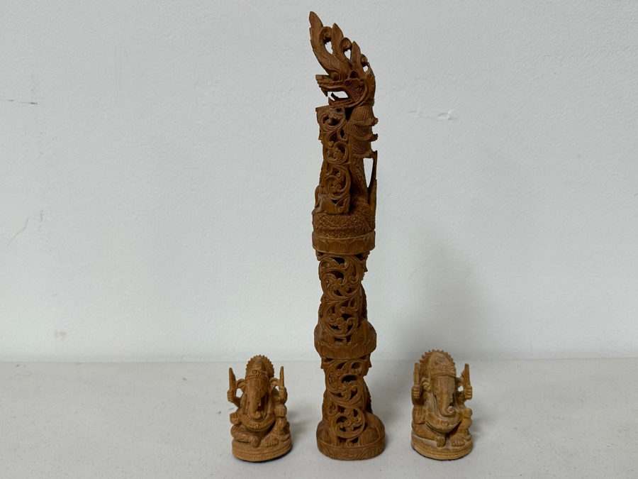 Just Added - Hand Carved Wooden Buddha Statue 12H And Pair Of Hand Carved Wooden Ganesha Statues 3H [Photo 6]