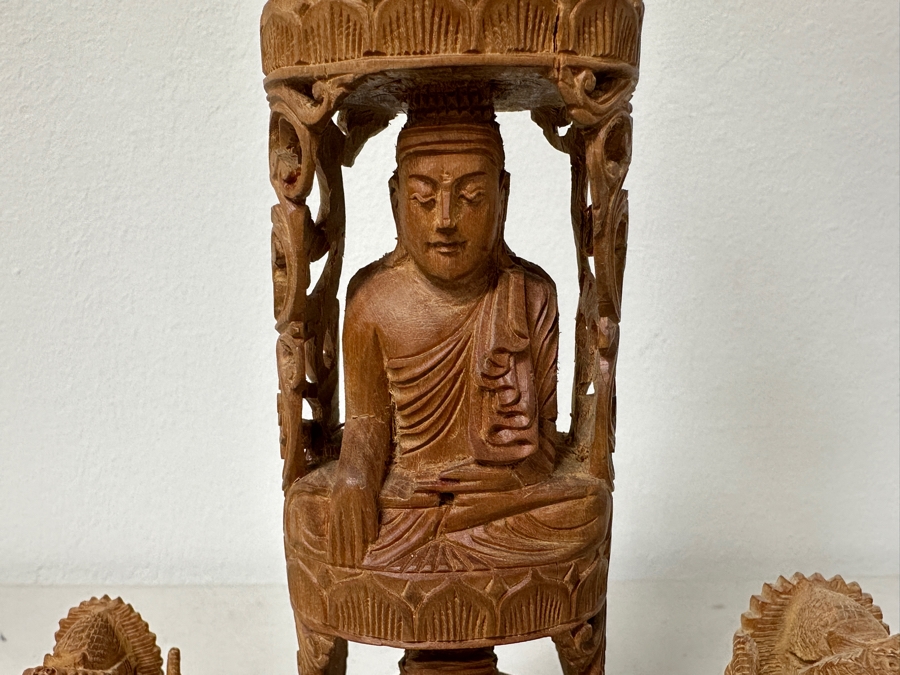 Just Added - Hand Carved Wooden Buddha Statue 12H And Pair Of Hand Carved Wooden Ganesha Statues 3H [Photo 4]