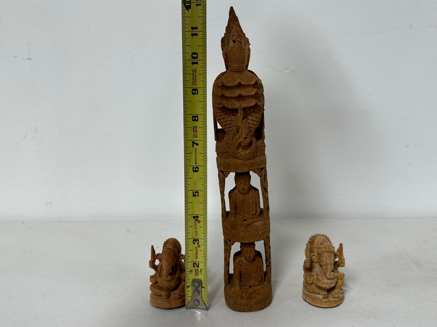 Just Added - Hand Carved Wooden Buddha Statue 12H And Pair Of Hand Carved Wooden Ganesha Statues 3H [Photo 13]