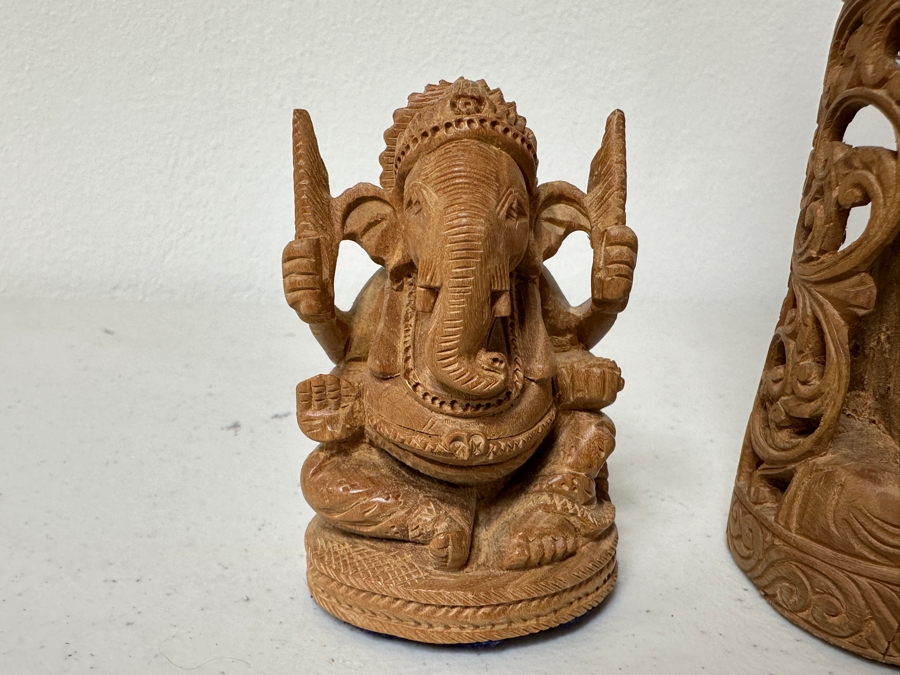 Just Added - Hand Carved Wooden Buddha Statue 12H And Pair Of Hand Carved Wooden Ganesha Statues 3H [Photo 10]