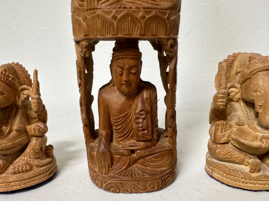 Just Added - Hand Carved Wooden Buddha Statue 12H And Pair Of Hand Carved Wooden Ganesha Statues 3H [Photo 5]