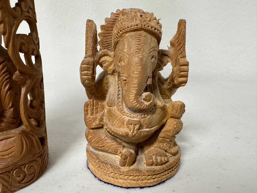 Just Added - Hand Carved Wooden Buddha Statue 12H And Pair Of Hand Carved Wooden Ganesha Statues 3H [Photo 9]
